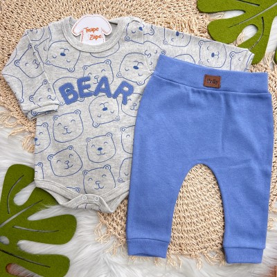Conj. Body Manga Longa Bear e Calça - Mescla e Azul Bic